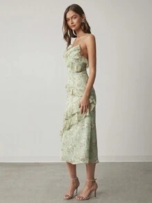 Enchnt Women Floral Print Ruffle Trim Spaghetti Strap Dress,Sweet&Elegant Outfit For Valentine's Day&Christmas Party&New Years&Birthday&Holiday &Sweet Date Night,Sage Green Dress