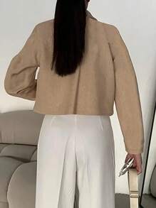 INAWLY Áo khoác ngắn tay dáng rộng màu trơn dài tay cho nữ cho mùa thu đông - Màu Khaki - Xem 2