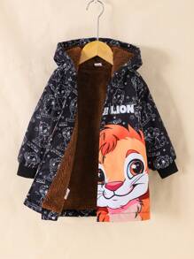Abrigo con capucha estampado de león lindo para niño pequeño, chaqueta con capucha forrada térmicamente gruesa para un uso cálido y cómodo, diseño de ropa de calle con estilo apto para otoño, invierno, Halloween, Navidad y Acción de Gracias