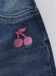 女婴复古水洗可爱甜美拼布粉色腰带樱桃刺绣弹力牛仔裤