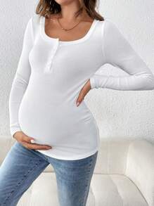 SHEIN Umstands-T-Shirt Einfarbig mit Rundhalsausschnitt, Knopfleiste vorne und langen Ärmeln - Weiss - Übersicht 8
