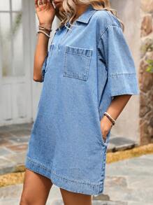 Breezaya Women V-Neck Loose Denim Dress, Elegant And Charming