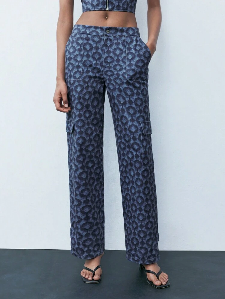 SHEIN Maija Pantalon droit avec poches à imprimé tout-sur-pour femme