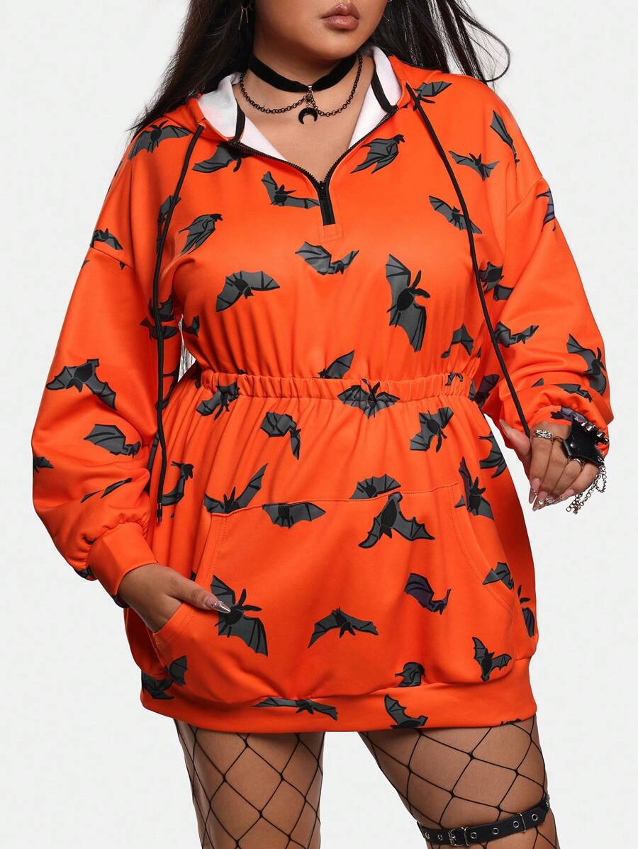 Warp Atelie Plus Size Artist Women's Y2K Halloween Bat Print Drop Shoulder Hoodie Sweatshirt, For Holiday, Festival, Workout, Western Wear