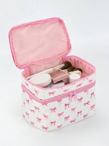 Marina Oliveira Artist Pink Bow Pattern Fashionable Cute Double Layers Cosmetic Bag For Storage, Square-Shaped Makeup Bags - Multicolor - View 2