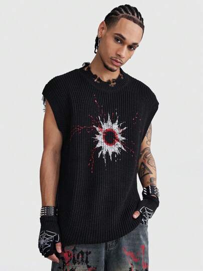 ROMWE Avant Chaleco de punto con estampado de bloqueo de color y bajo desgastado de moda para hombres, primavera otoño, escuela