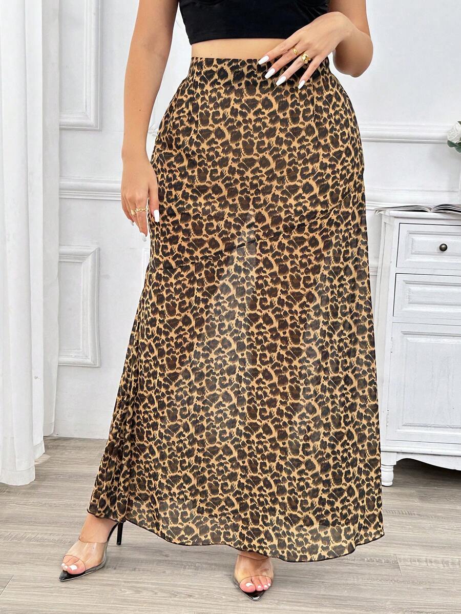 SHEIN Privé Plus Size Sexy Leopard Print Maxi Sheer Split Skirt For Club Night - Multicolor - View 1