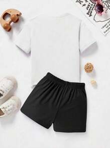 SHEIN 2 件套女婴休闲日常运动图案印花服装套装，春夏 - 彩色 - 查看 2