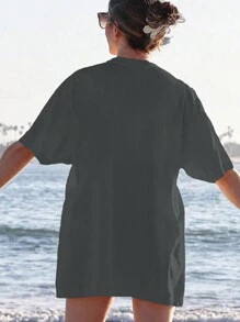 INAWLY 女士夏季口号印花圆领短袖休闲 T 恤图案 T 恤女式上衣 - 深灰色 - 查看 2