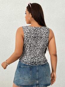 SHEIN EZwear Plus Size Leopard Print Mesh Lace Trim Cami - Brown - View 2