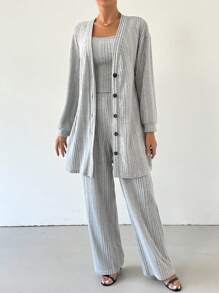 SHEIN Privé 3pcs Women Autumn Casual Ribbed Button Loose Cardigan, Square Neck Vest And High Waist Flare Leg Pants Set - Grey - View 4