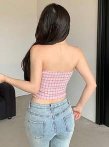 DAZY 女士夏季格子单排扣修身抹胸上衣外出上衣 - 粉色 - 查看 5