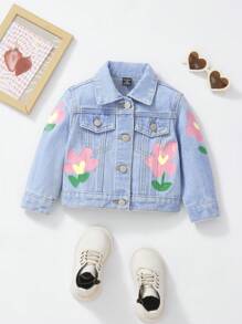 女婴波西米亚风休闲可爱多巴胺色调花卉图案印花，婴儿必备初秋冬季日常时尚单品 - 淺色水洗藍 - 查看 1