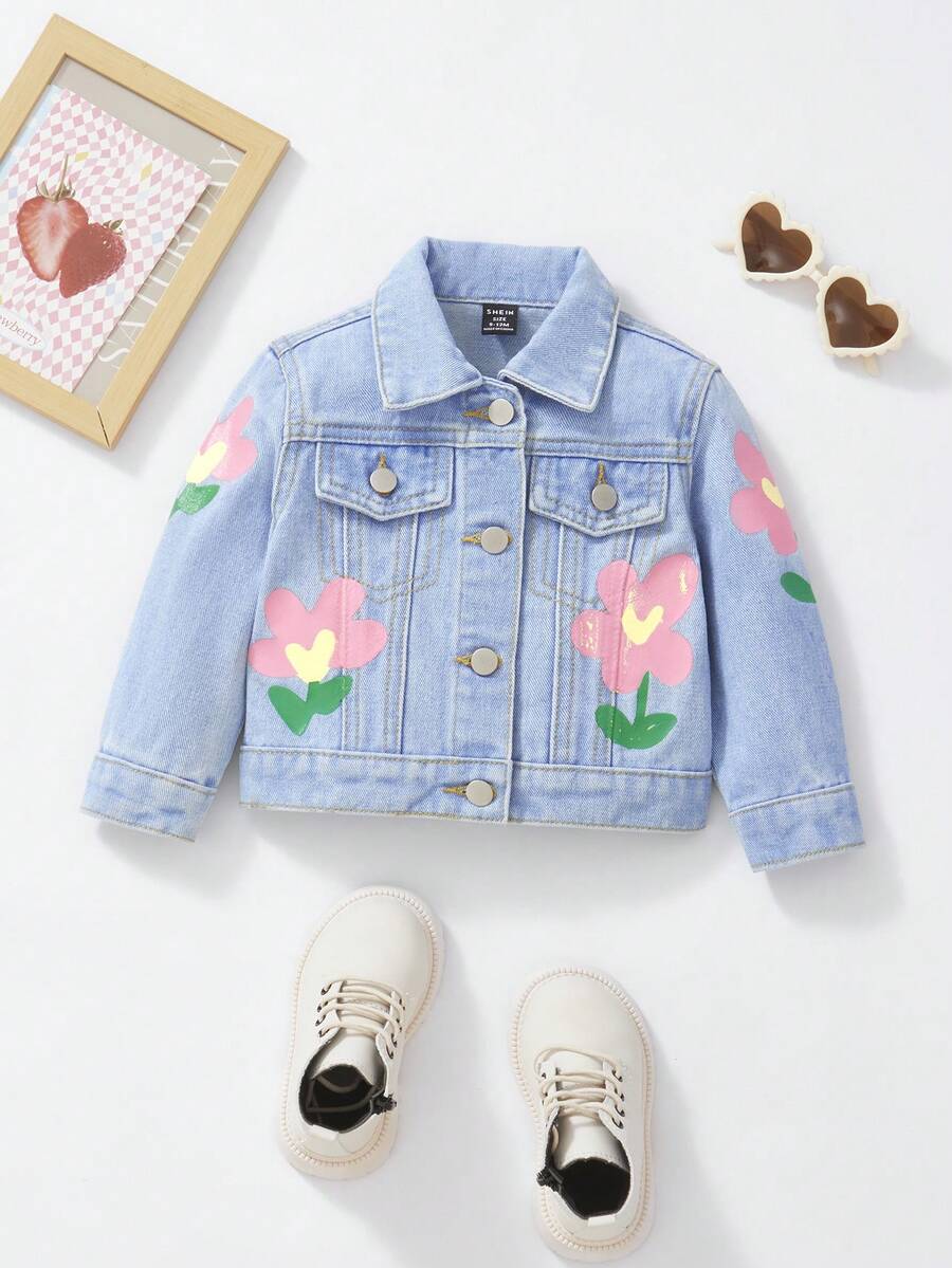 女婴波西米亚风休闲可爱多巴胺色调花卉图案印花，婴儿必备初秋冬季日常时尚单品 - 淺色水洗藍 - 查看 1