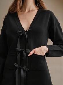 Anewsta Women's Urban Elegant Ribbon Bow Cardigan Sweater - Black - View 2