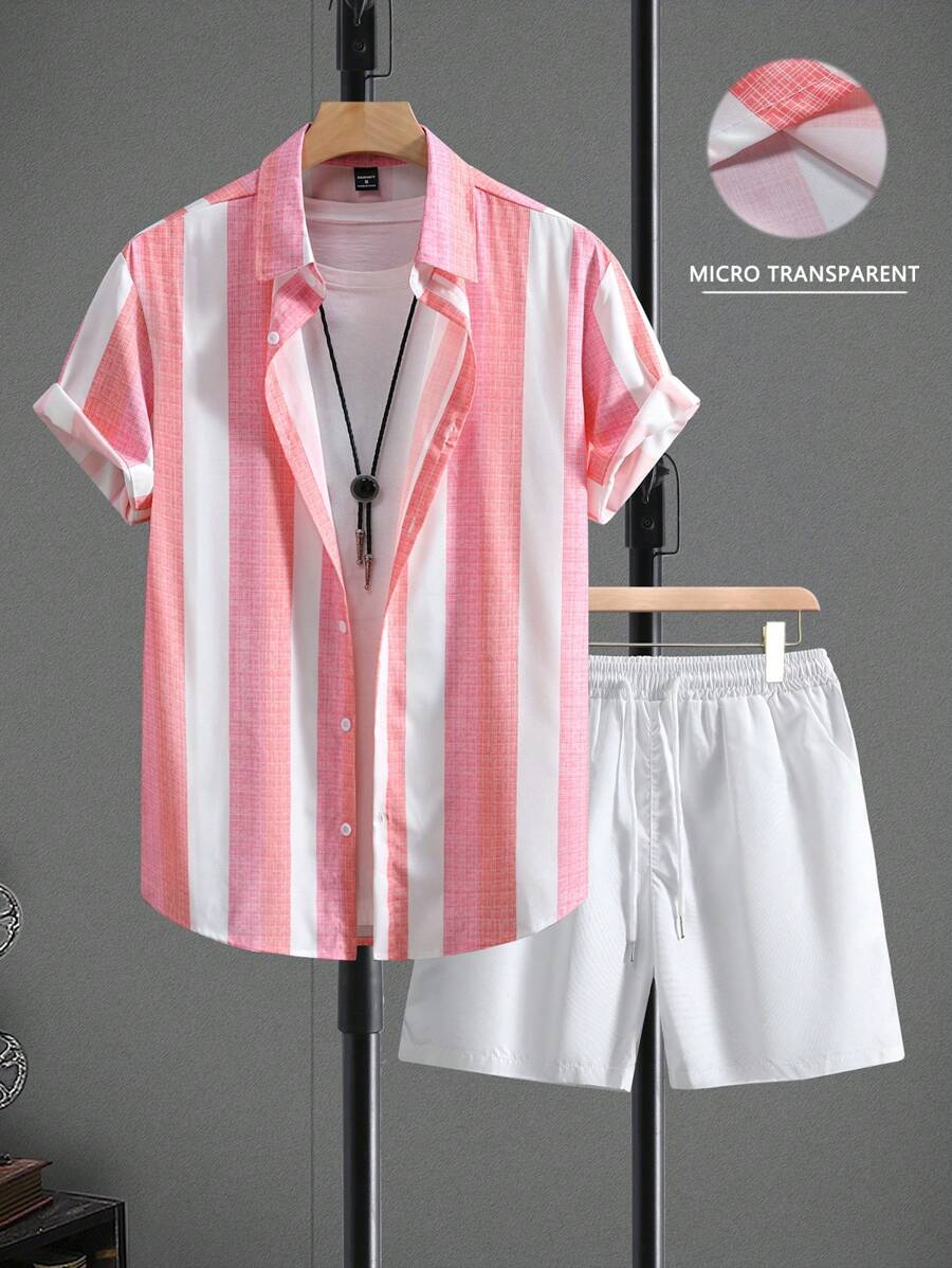 Manfinity Homme Men's Color Block Striped Printed Short Sleeve Shirt And Solid Color Shorts, Simple Daily Outfit - Pink - View 1