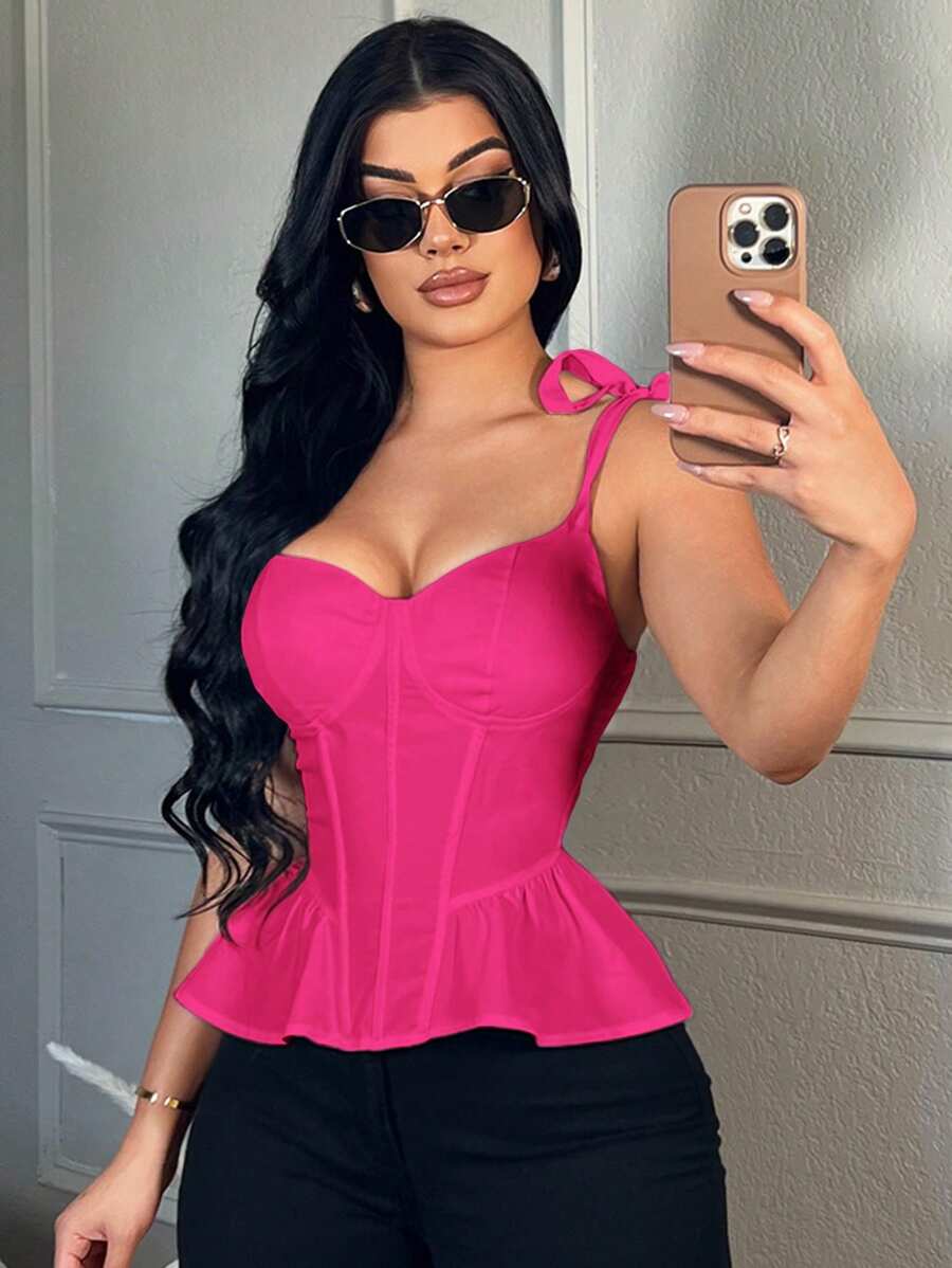 SHEIN SXY 女士纯色蕾丝边吊带背心，夏季 - 玫紅色 - 查看 1