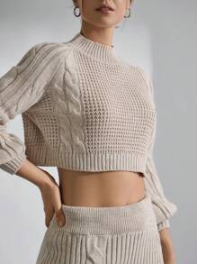 SHEIN Cottnline Cable & Waffle Knit Lantern Sleeve & Slit Skirt Co-Ords - Beige - View 5