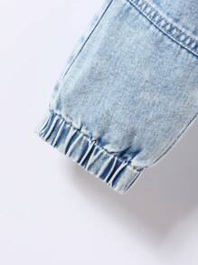 SHEIN Young Boy Retro Casual Street Style Cool Multi-Pocket Loose And Comfortable Full Elastic Waist Drawstring Cuff Denim Overalls, School, Campus, College Summer Holiday