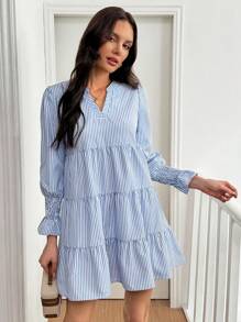 SHEIN LUNE Vestido de manga larga con dobladillo de volantes a rayas azules - Azul y blanco - Ver 5