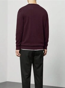 Manfinity Mode 男士纯色圆领长袖休闲毛衣，秋冬 - 酒紅色 - 查看 2