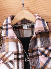 SHEIN Young Girl 2pcs Casual Vintage Plaid Jacket And Simple Jumpsuit Outfit Set, Spring And Fall Clothes - Black - View 7