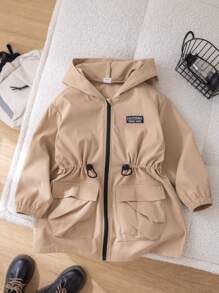 SHEIN Tween Boys Extended Size Spring/Fall Casual Drawstring Hooded Jacket With Waistband And Pockets