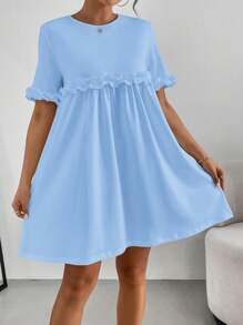 SHEIN Essnce Women's Solid Color Simple Daily Lace Decoration Short Sleeve Dress