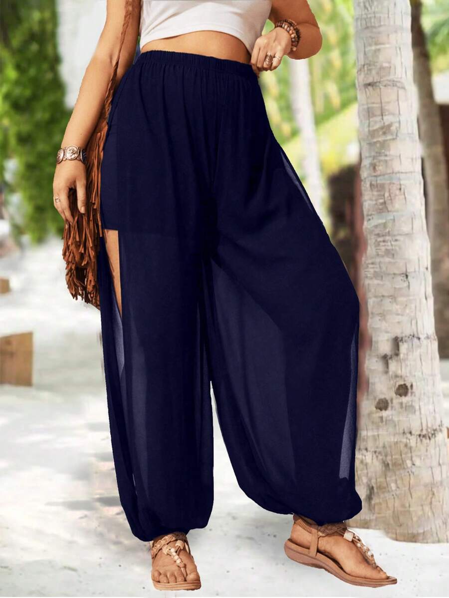 SHEIN Holidaya Quần dài thường ngày lưới màu trơn cỡ lớn có đường xẻ tà ở đùi - Màu xanh hải quân - Xem 1