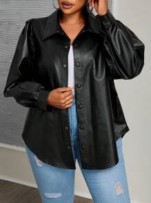 Chaqueta de moda de piel sintética con manga larga y abotonadura sencilla, unicolor, para mujer de talla grande, primavera otoño - Negro - Ver 6