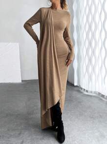 Chiquease Vestido largo liso de manga larga con bajo dividido, vestido largo nude sencillo para mujeres, casual y para vacaciones - Marrón - Ver 2