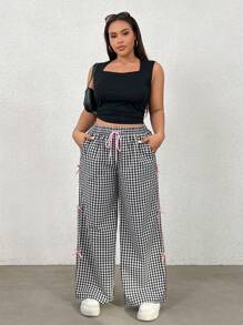 SHEIN EZwear Plus Size Casual Black & White Plaid Contrast Bow Tie Wide Leg Pants - Black and White - View 3