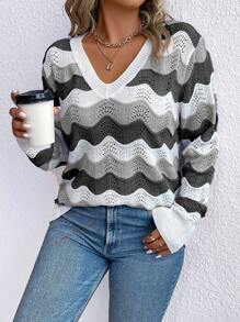 SHEIN LUNE 大码 V 领长袖波浪条纹设计休闲宽松舒适毛衣，适合冬季 - 彩色 - 查看 4