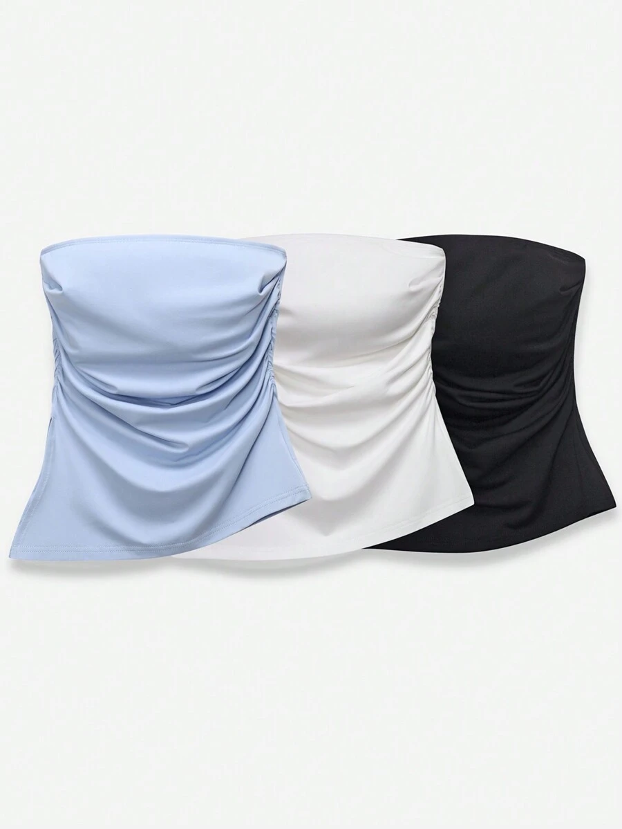 SHEIN EZwear Áo Bandeau nhún bèo màu trơn cỡ lớn cho nữ - Nhiều gói - Nhiều màu - Xem 1