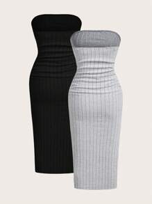 SHEIN EZwear 2 件套女士夏季纯色罗纹抹胸连衣裙套装 - 彩色 - 查看 2