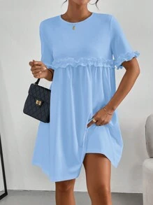 SHEIN Essnce Women's Solid Color Simple Daily Lace Decoration Short Sleeve Dress