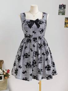 Soleia 大码女式方领植绒黑白格子印花植绒蝴蝶结装饰腰部 A 字学院风连衣裙