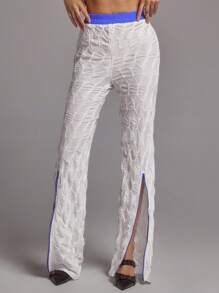 SHEINNeu Pantalones anchos de pierna ancha, estilo hawaiano relajado, cintura alta, texturizados, semitransparentes, con hendidura en el bajo y cinturilla morada - Amarillo - Ver 3