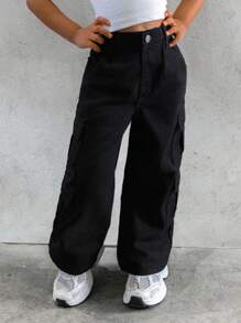 Quần Jeans Ống Thẳng Denim Nhiều Túi Thời Trang Thường Ngày Cho Bé Gái Mới - màu đen - Xem 6