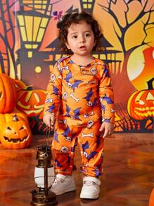 Newborn Baby Girl Halloween Graphic Print Jumpsuit, Casual Daily Wear, For Halloween Party