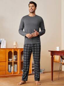 2pcs Men's Solid Color Crew Neck Long Sleeve T-Shirt And Plaid Pants Casual Pajama Set  Cozy And Elegant Details, Fall Winter Clothes