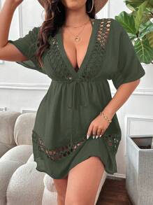 Swim Lushoire Plus Size Women Solid Color Hollow Deep V Tie Sleeve Cover Up Summer - Green - View 4