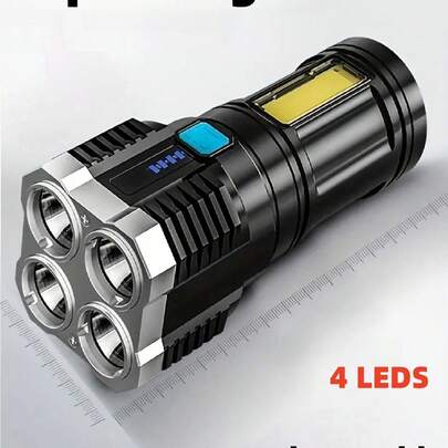 1PC USB Rechargeable Flashlight, 4 Led Super Bright Portable, Suitable For Outdoor Camping Emergencies, Power Visualization, With Side Light, Long Beam Distance, Outdoor And Home Use Christmas For Holiday Gift Giving,School Stuff.
