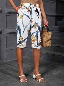INAWLY Pantalones cortos casuales de verano con bolsillos con estampado floral y nudos para mujeres - Blanco - Ver 3