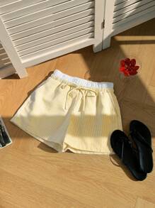 Comfortcana Women Woven Striped Shorts With Double Elastic Waistband, Summer - Yellow - View 5