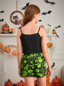 SHEIN Tween Girl Halloween Glow-In-The-Dark Cartoon Print Camisole & Shorts Knit Comfortable Casual Pajamas 2-Piece Set, Mommy And Me Matching Outfits (3 Sets Sold Separately)