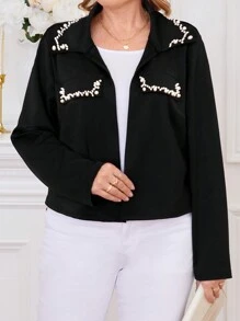 Plus Size Long Sleeve Beaded Fashion Casual Jacket - Black - View 3