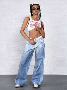 SHEIN ICON Women's Front Button Closure, Multi-Pocket, Ombre Washed Casual Denim Pants Low Rise Straight Leg Jeans