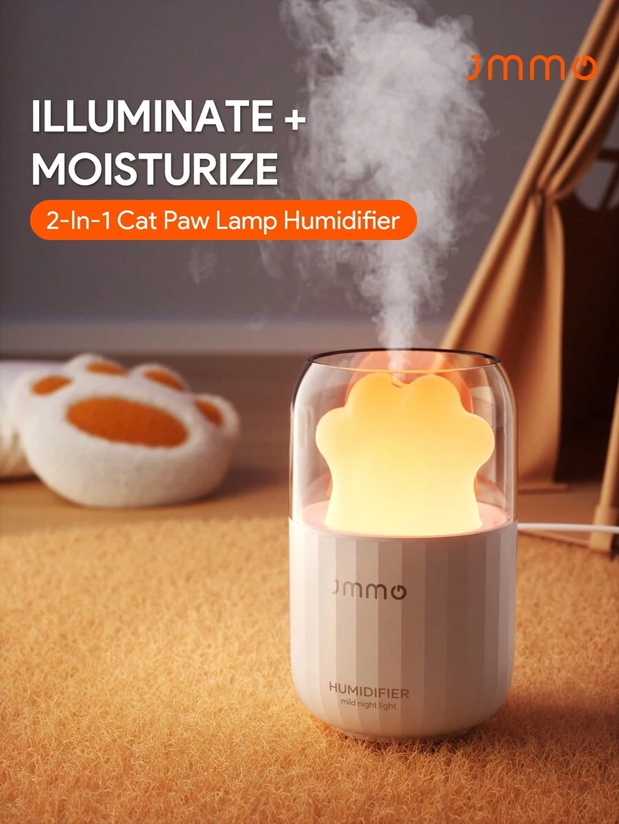 JMMO 加湿器，迷你猫爪形加湿器二合一，猫爪和环境照明，静音纳米细雾适用于家庭卧室圣诞礼物，秋冬季假期露营必备品度假配件，露营用品