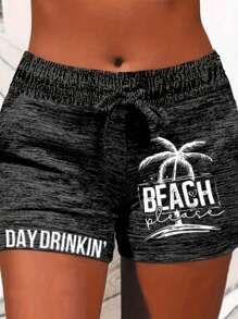 INAWLY Plus Size Women's Summer Beach Letter Print Palm Tree Design Belt Casual Shorts - Black - View 1